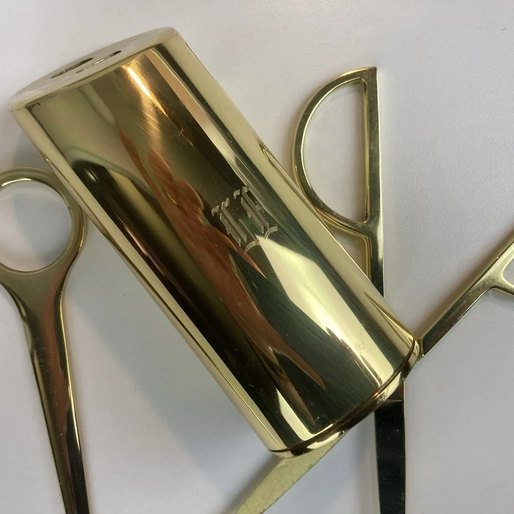 Vintage Modernist Solid Brass Gold Tone Scissors / Letter Opener Desk Set with H